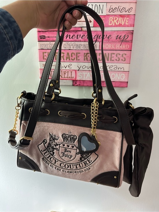 Juicy Couture Handbags - Juicy Couture Pink and Brown Logo Shoulder Bag with Heart Charm